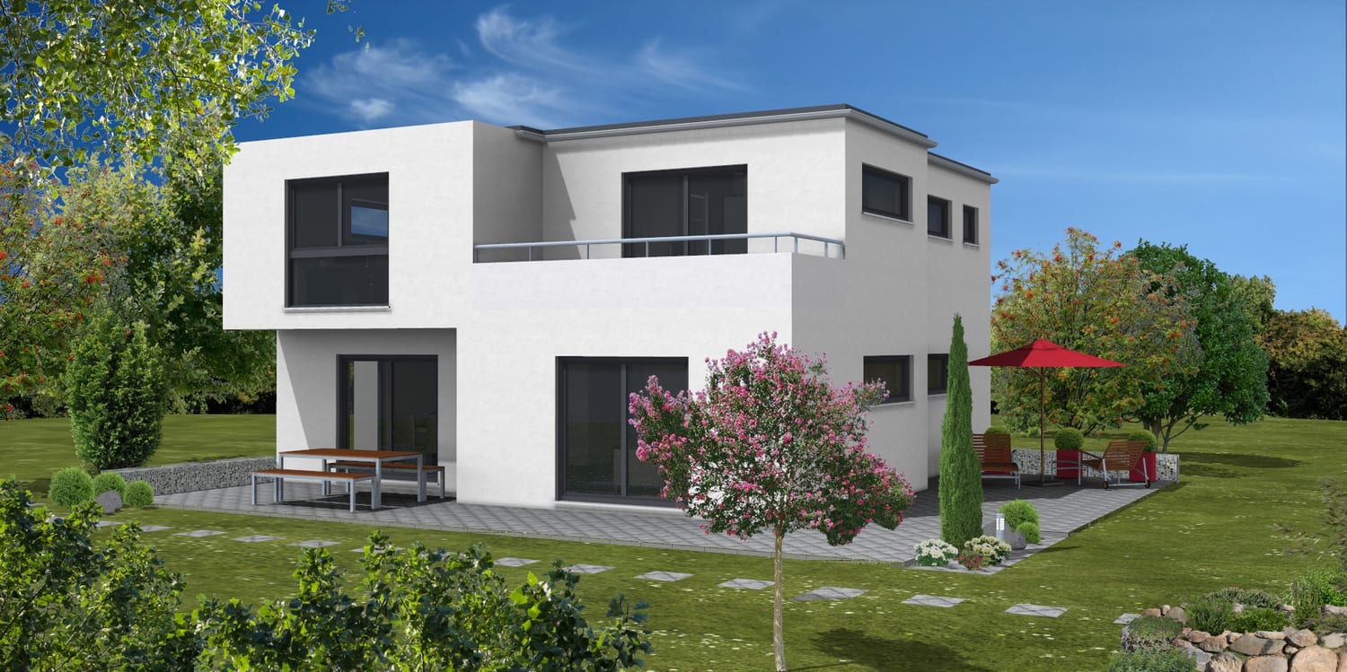 Haus im Bauhausstil mit Flachdach, Versatz und Dachterrasse