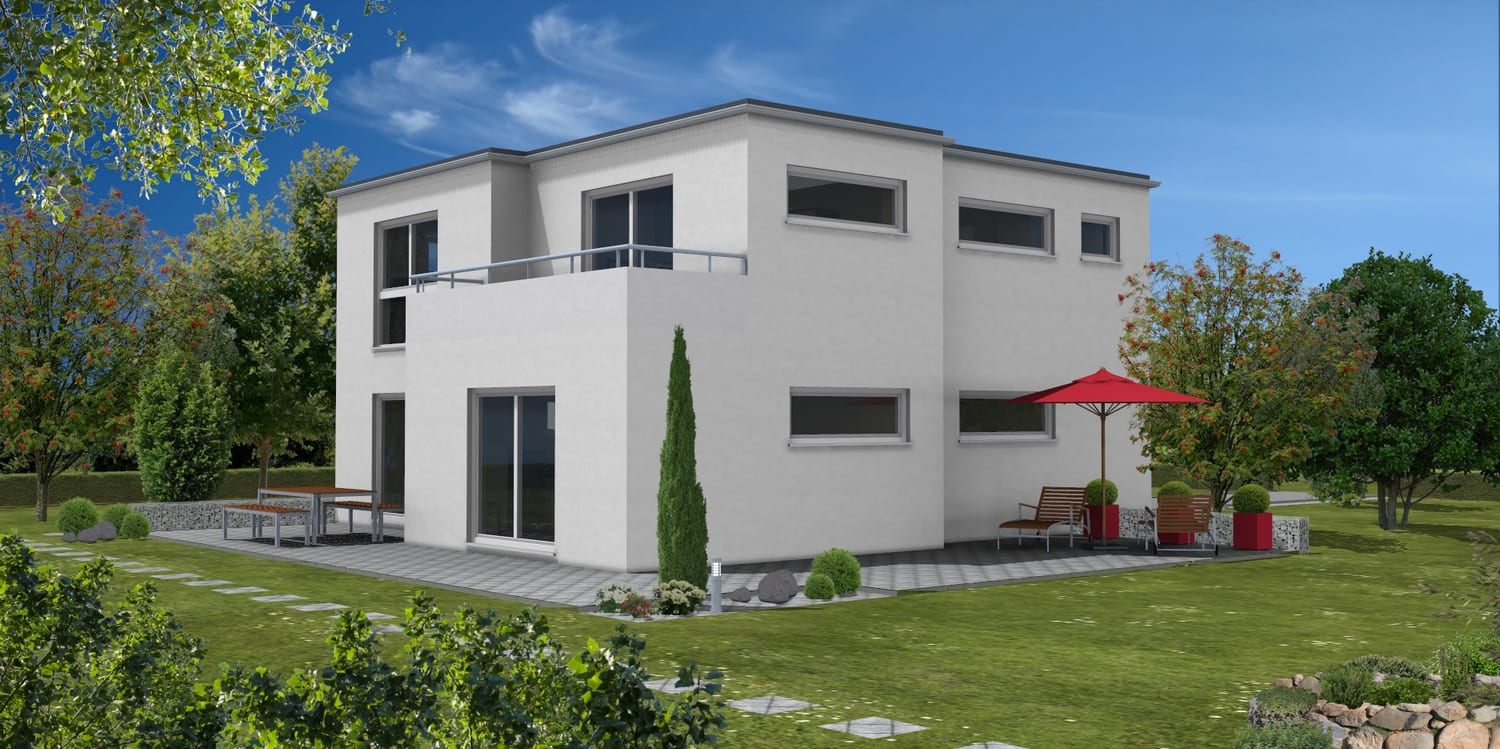 Fotorealistische 3D-Visualisierung eines Hauses mit Flachdach, Terrasse und Garten